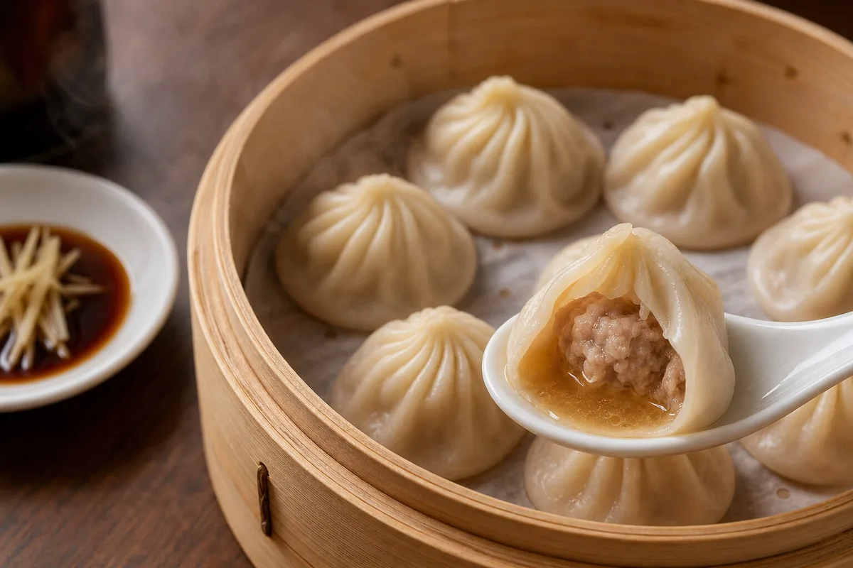 Opened Shanghai xiaolongbao on a porcelain spoon showing pork filling and broth