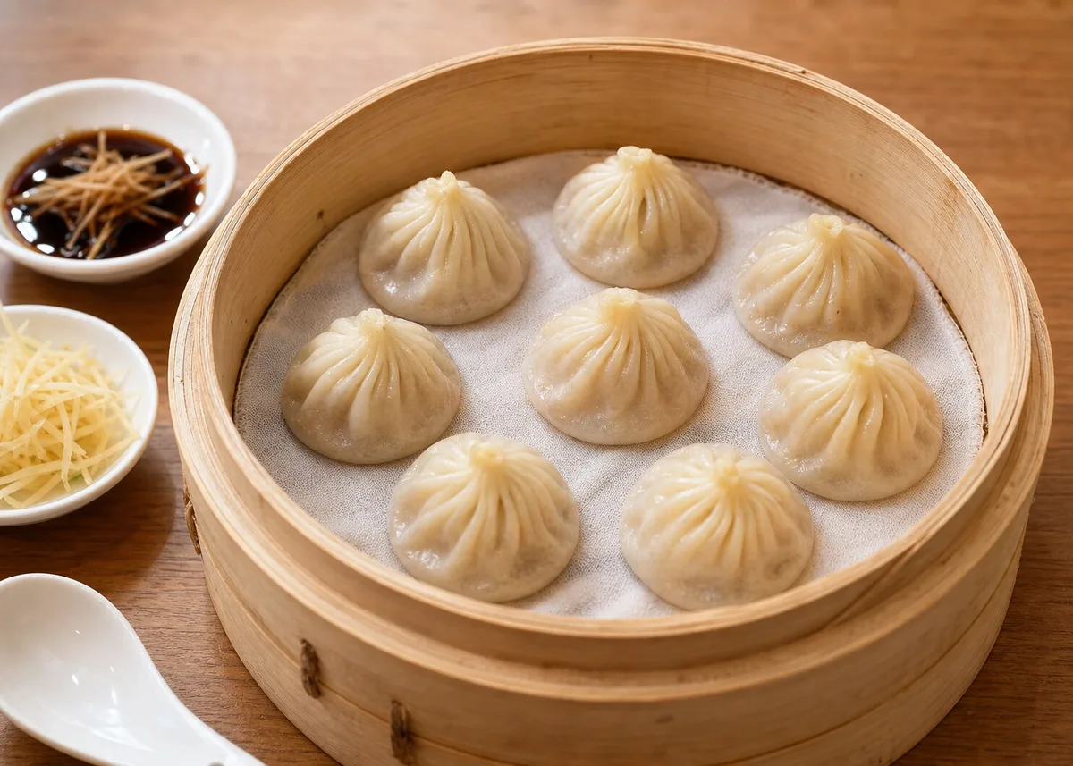 Overhead bamboo steamer of Shanghai xiaolongbao with vinegar and shredded ginger