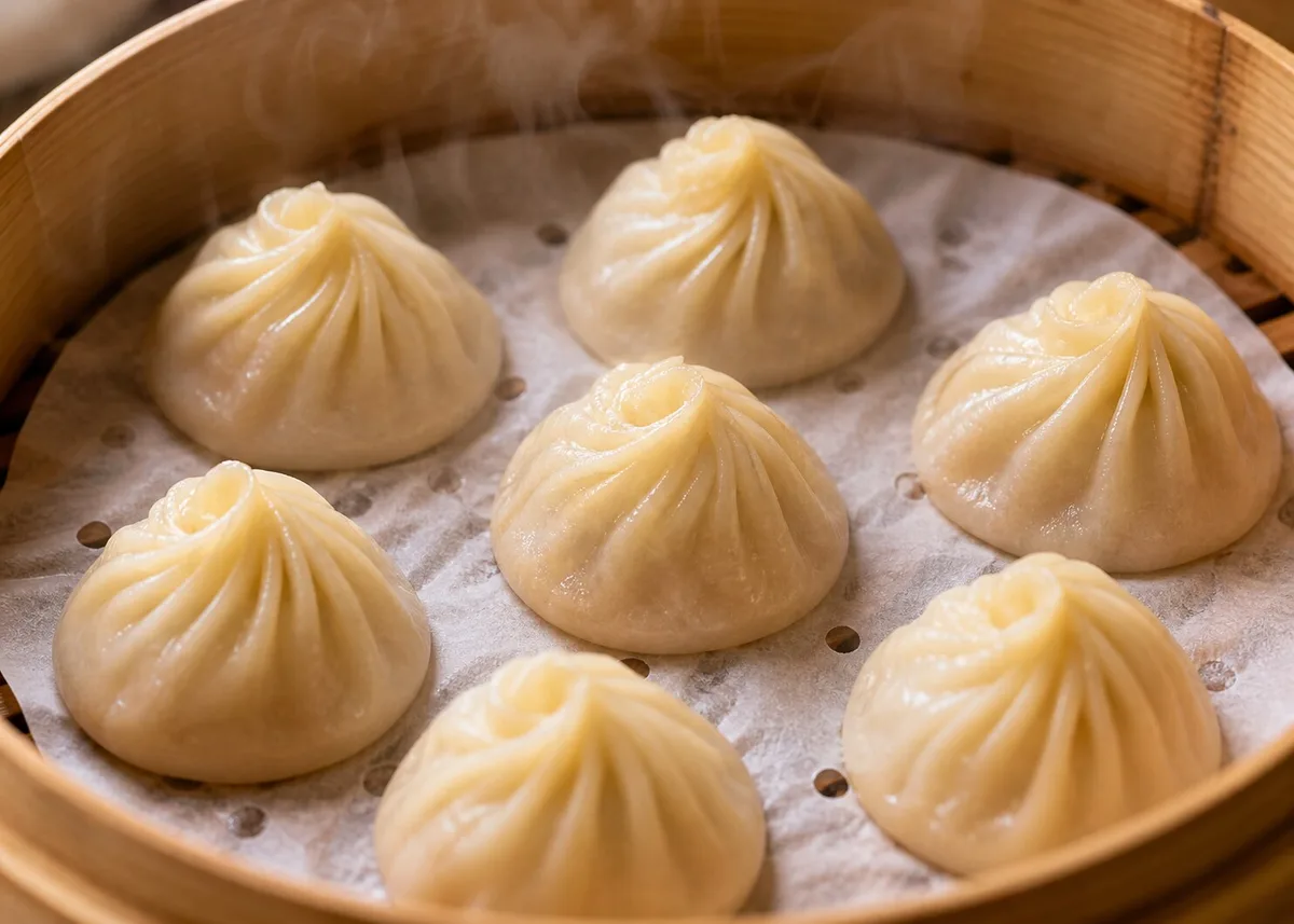 Close-up of pleated xiaolongbao tops steaming inside a bamboo basket