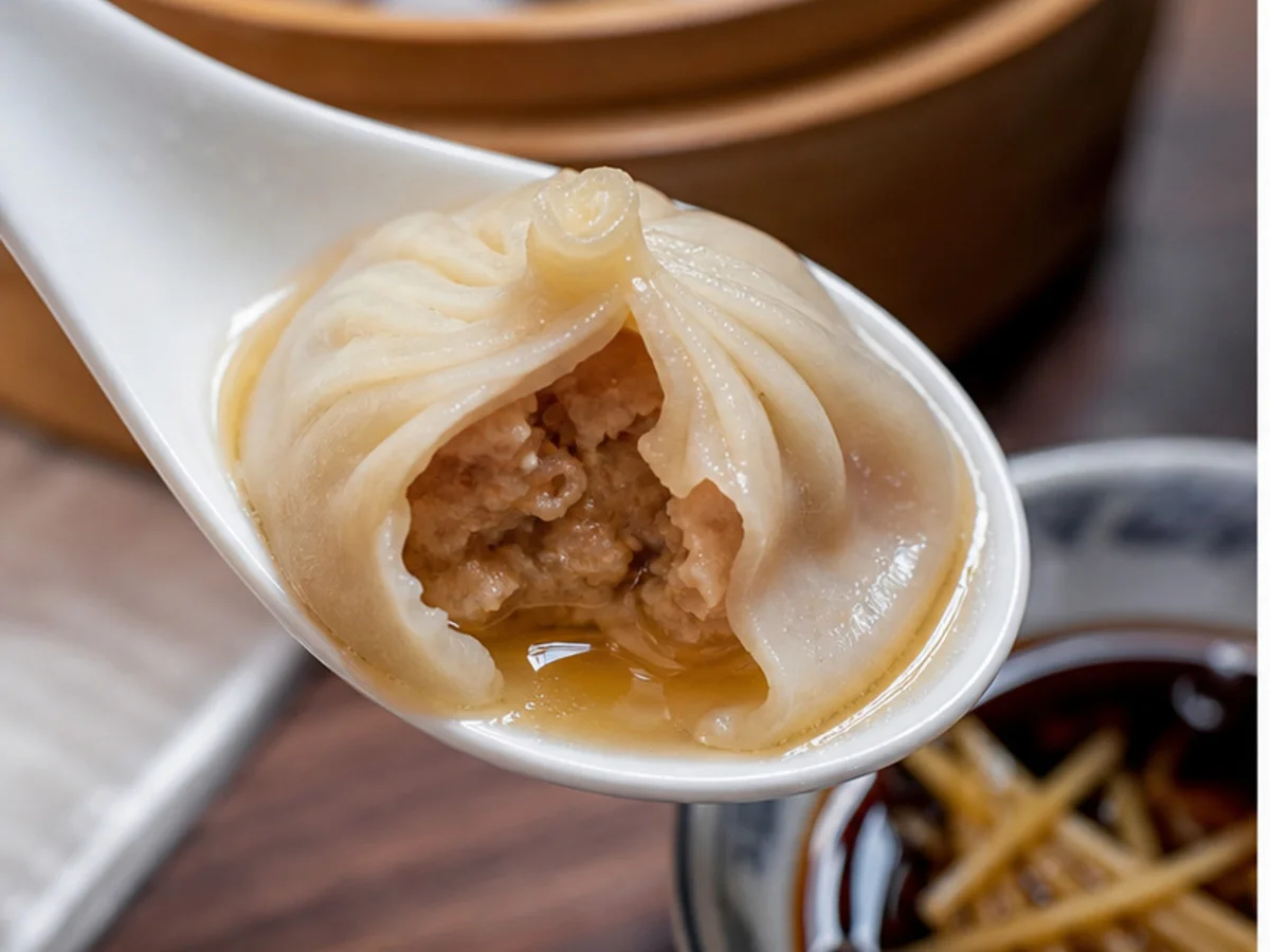 Close-up of Shanghai xiaolongbao with broth and ginger vinegar