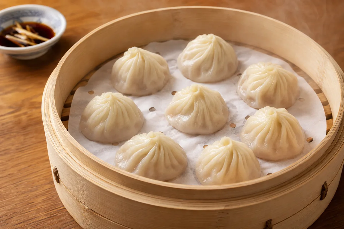 Close-up of Shanghai xiaolongbao pleated tops in a bamboo steamer