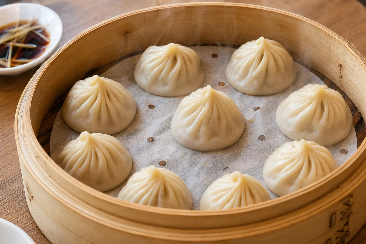 Shanghai xiaolongbao on a spoon showing hot soup inside the dumpling
