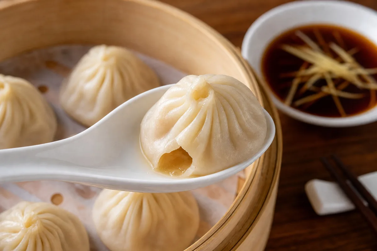 Full bamboo steamer of Shanghai xiaolongbao ready for vinegar and ginger