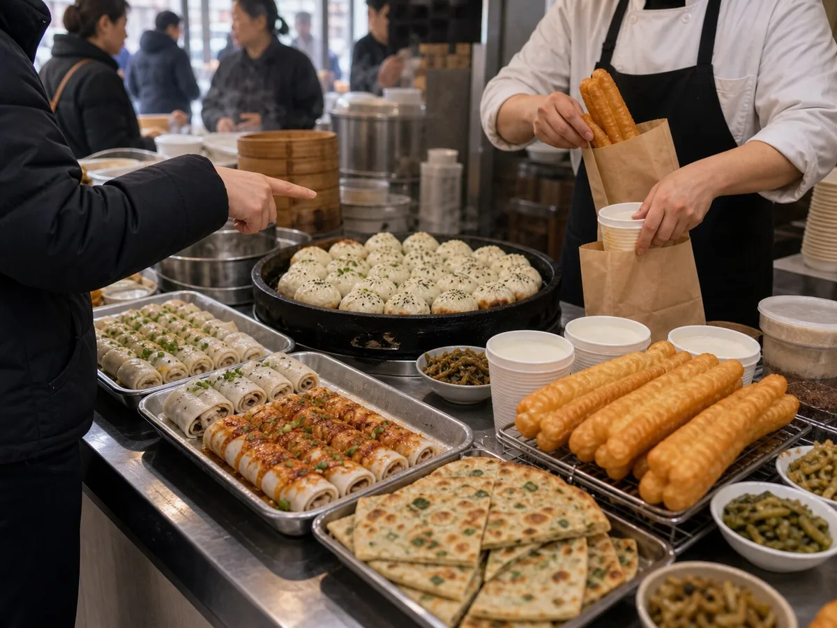 Customer ordering shengjianbao youtiao soy milk and scallion pancake at a Shanghai breakfast counter