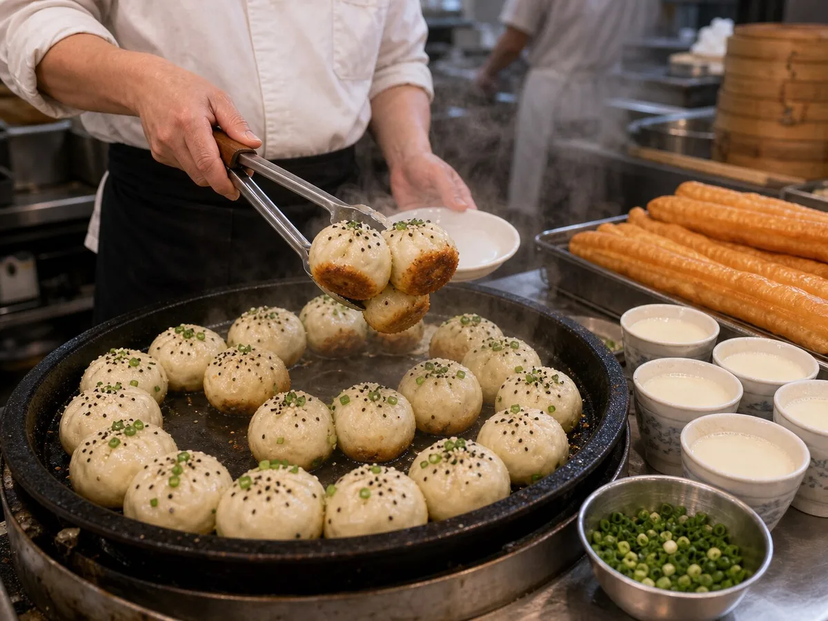Fresh shengjianbao batch lifted from a round pan beside youtiao and soy milk