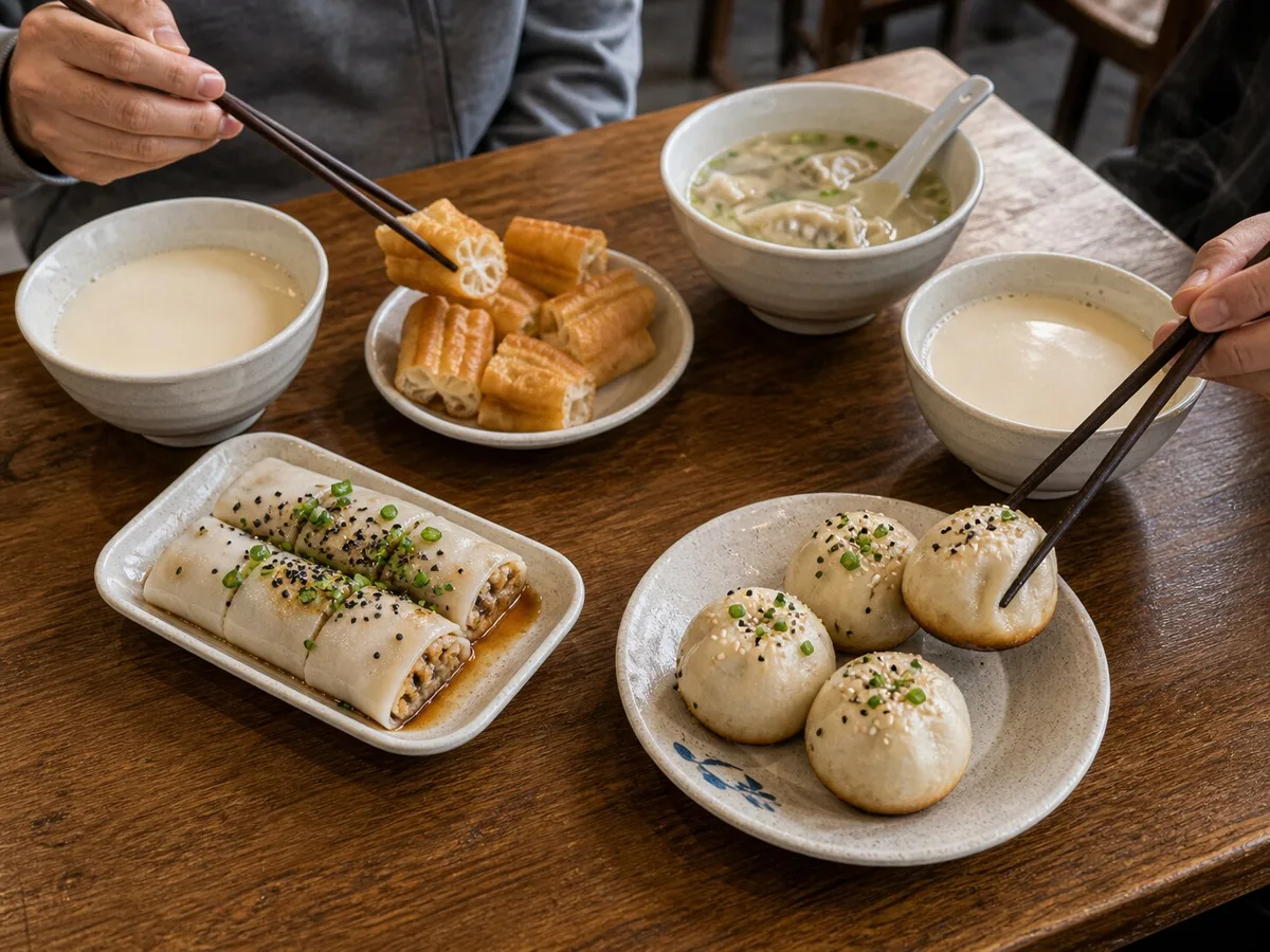 Shared Shanghai breakfast table with soy milk youtiao wontons cifan tuan and shengjianbao