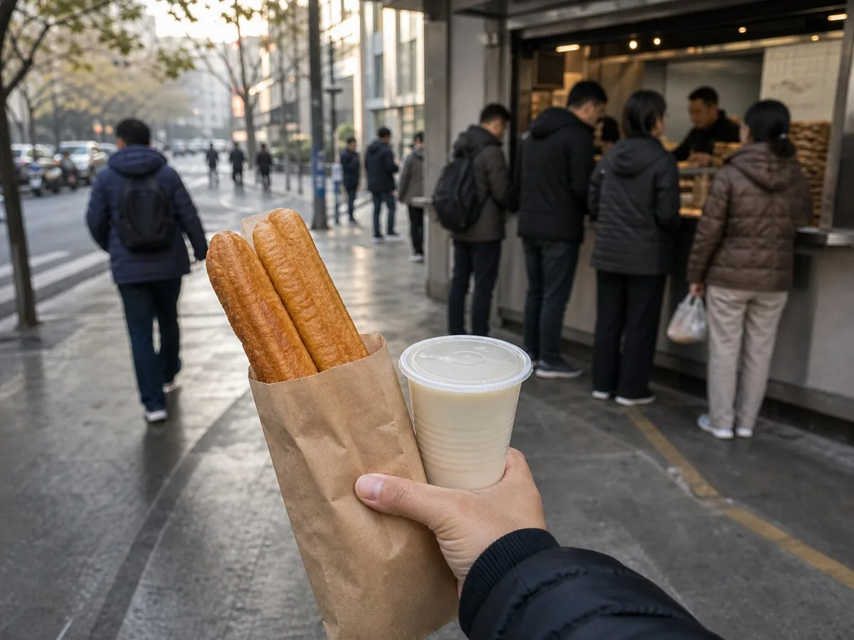 Shanghai commuter holding takeaway youtiao and soy milk near a breakfast stall queue