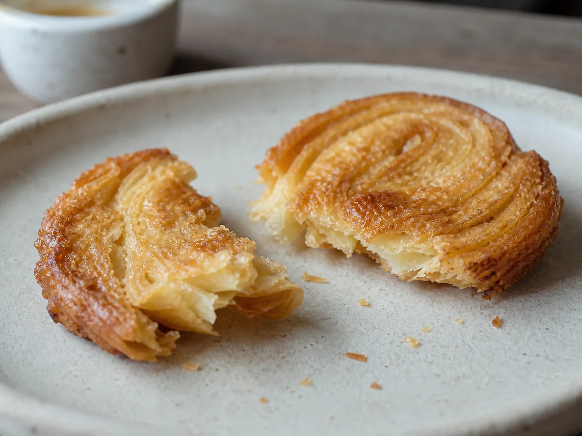 Broken Shanghai butterfly cracker showing delicate puff-pastry layers