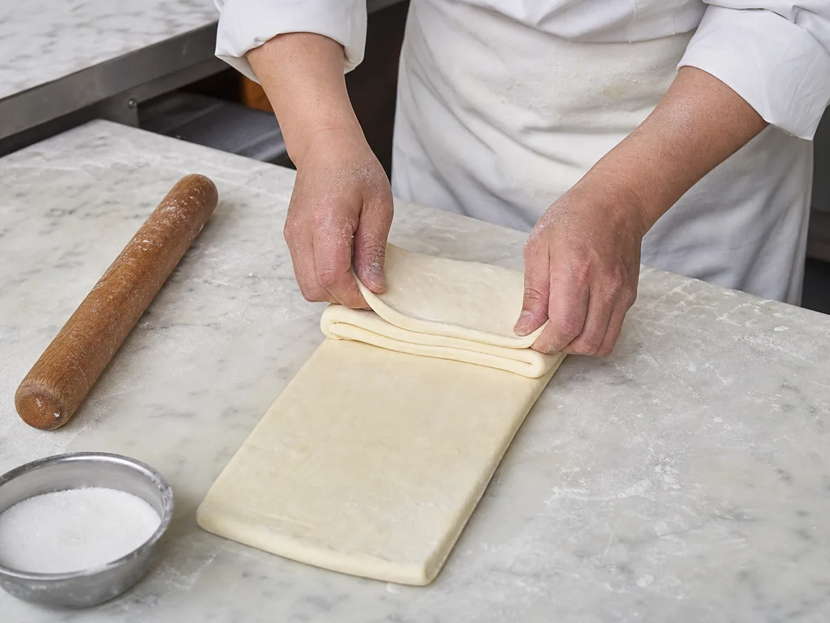 Shanghai baker folding laminated dough for butterfly crackers