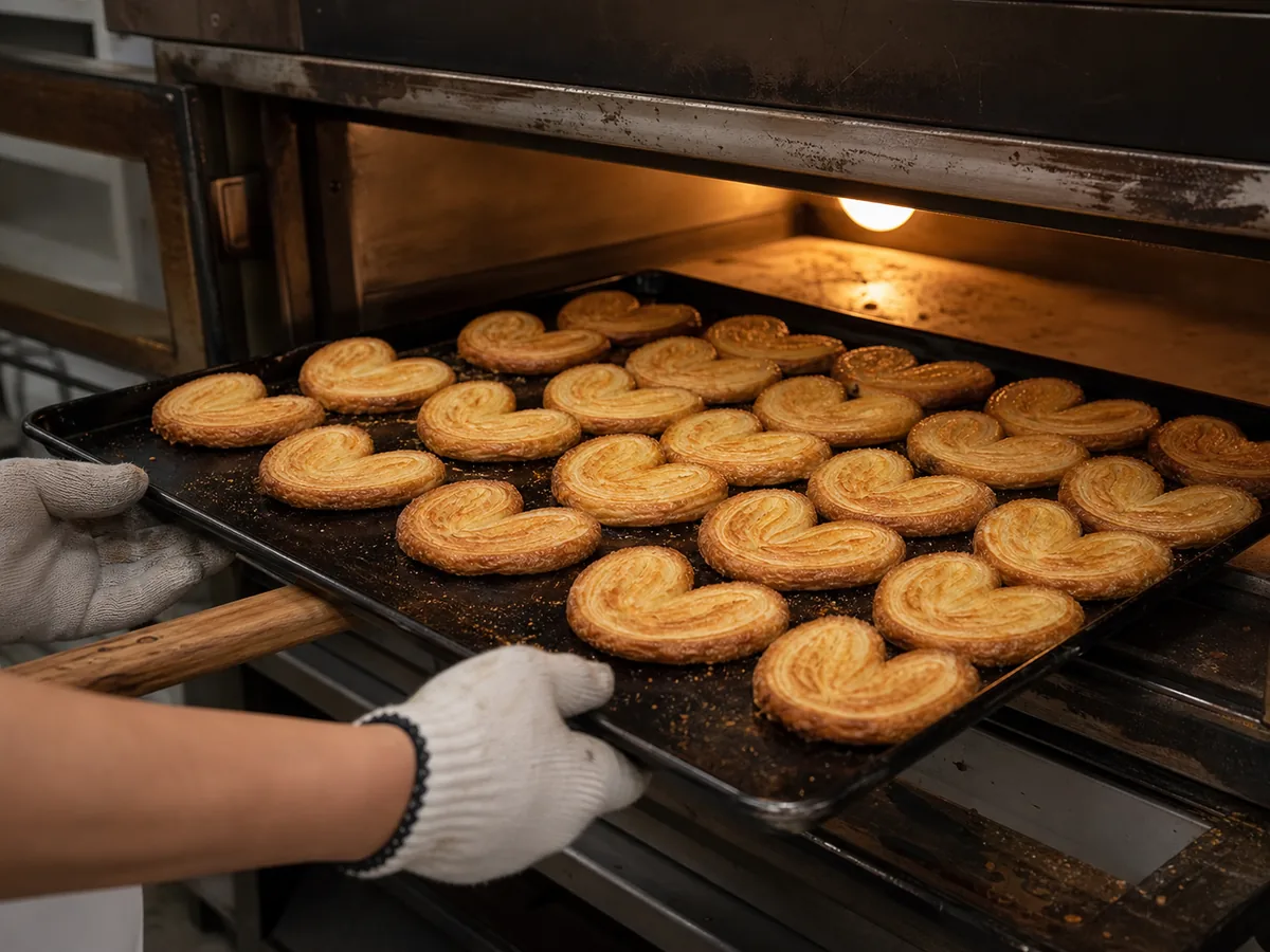 Fresh Shanghai butterfly crackers coming from a bakery oven