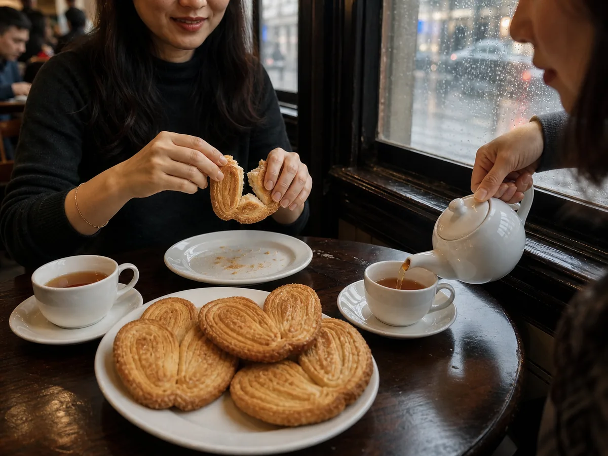 Friends sharing Shanghai butterfly crackers and tea in a bakery cafe