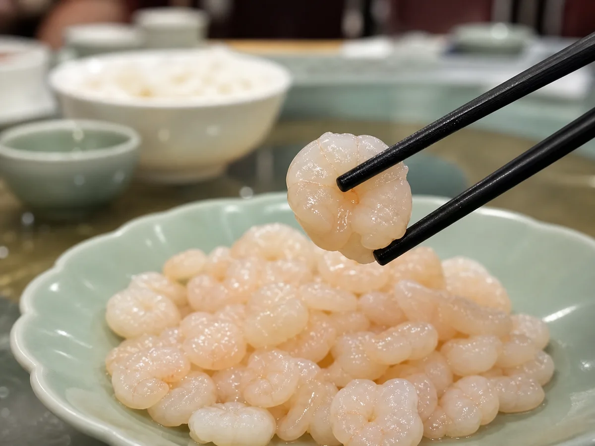 Chopsticks lifting one pale pink Shanghai crystal shrimp above a celadon plate