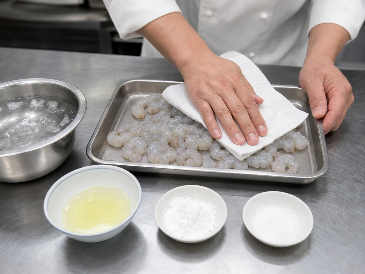 Cook drying peeled shrimp beside egg white and starch before making crystal shrimp