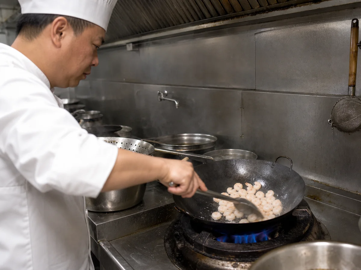 Shanghai restaurant chef quickly cooking pale crystal shrimp in a carbon-steel wok