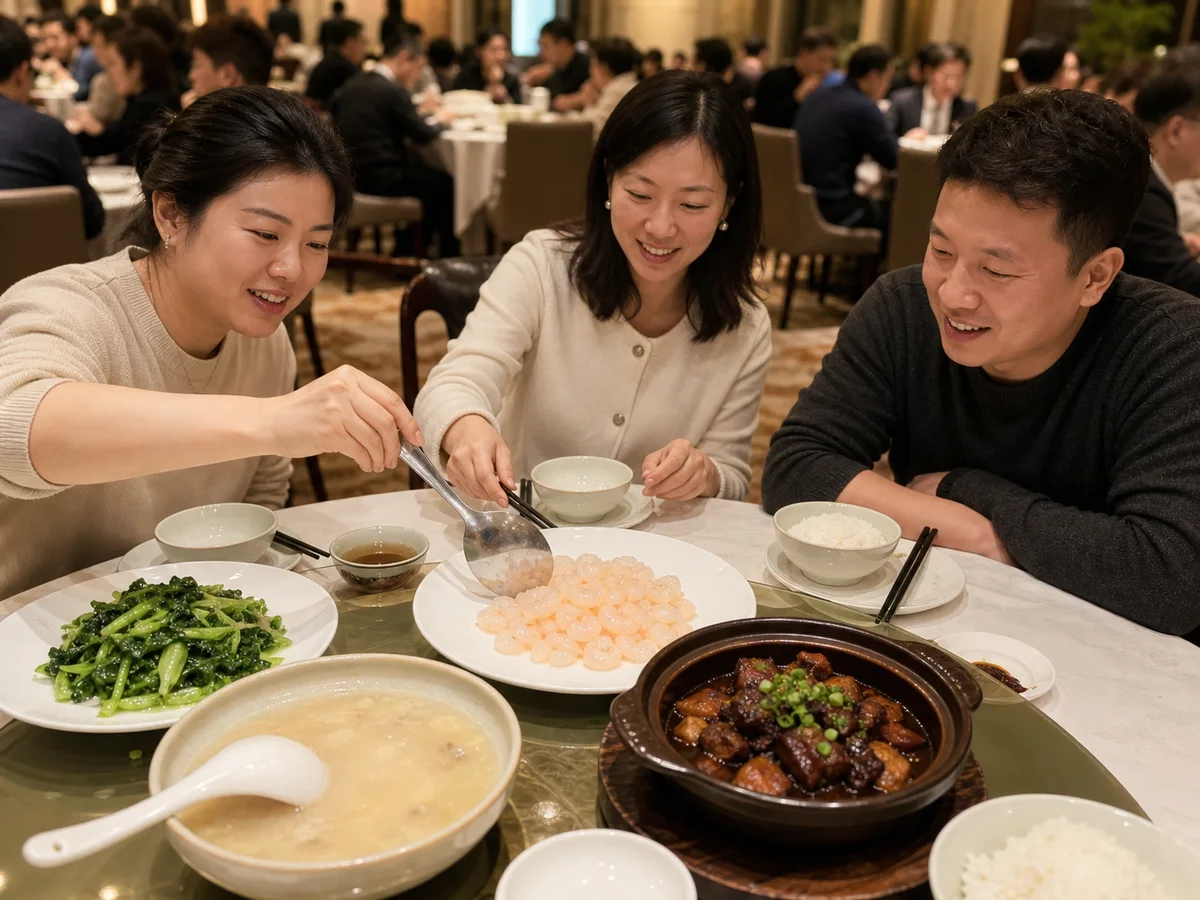 Three diners sharing Shanghai crystal shrimp with soup, greens, braised pork, and rice