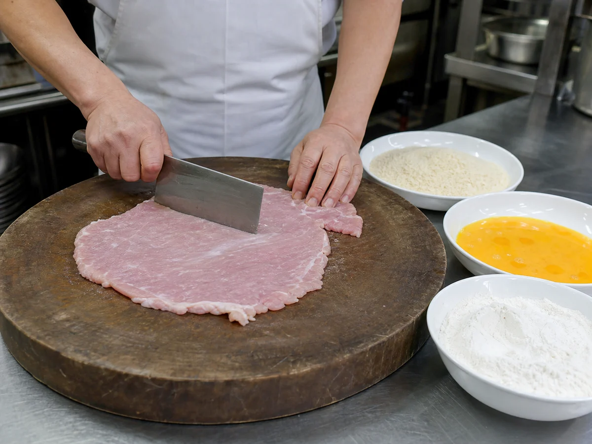 Shanghai restaurant cook pounding a pork chop thin before breading