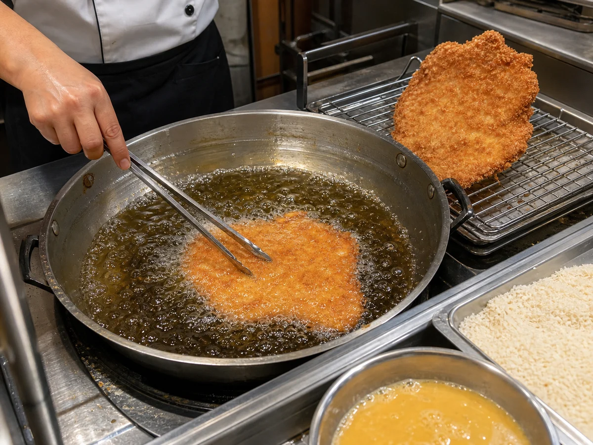 Breaded Shanghai pork chop frying in a restaurant kitchen