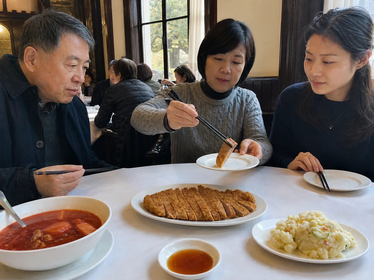 Family sharing fried pork chop, Shanghai borscht, and potato salad in a Haipai restaurant