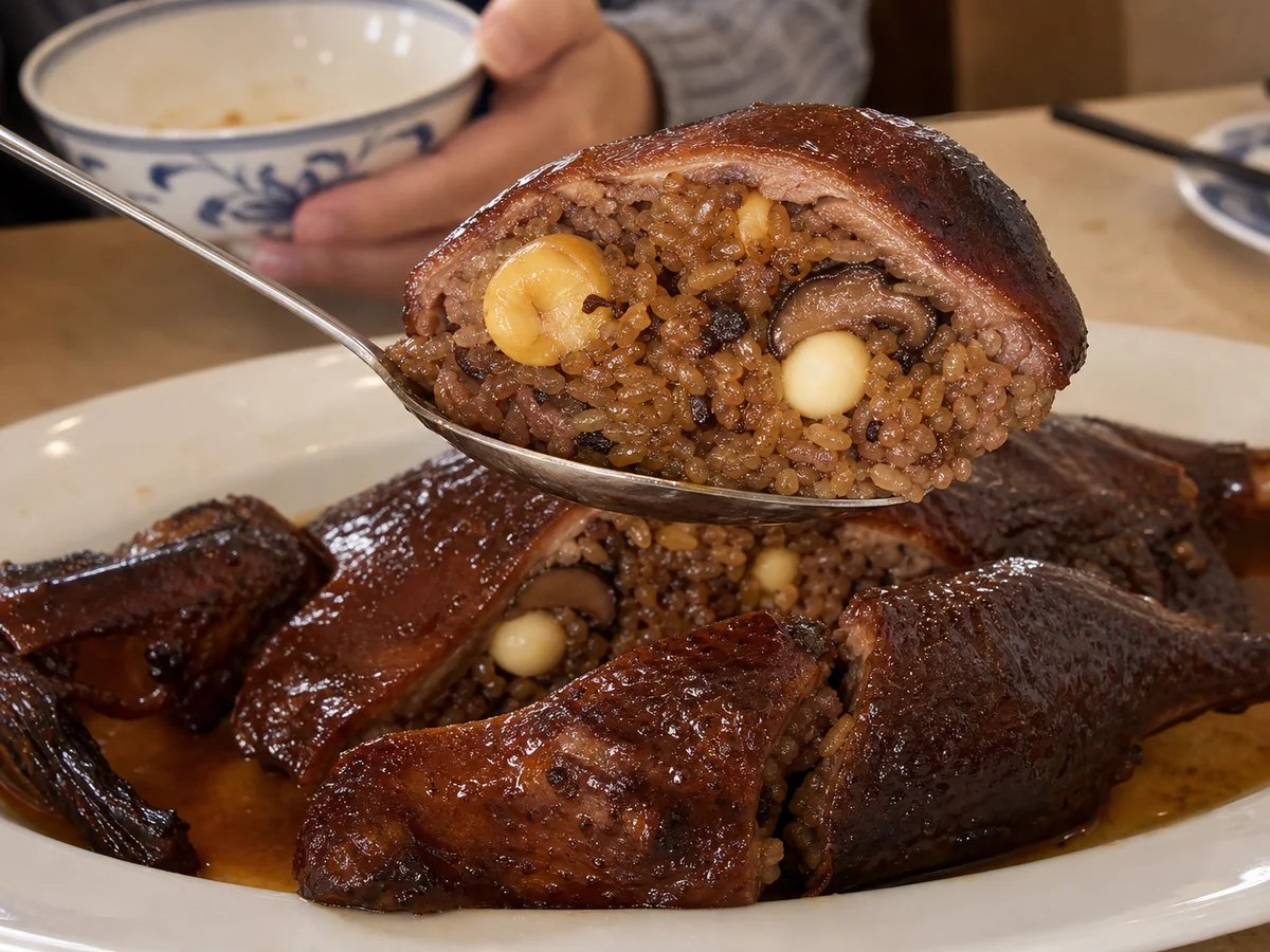 Serving spoon holding duck and sticky-rice filling from Shanghai eight treasure duck