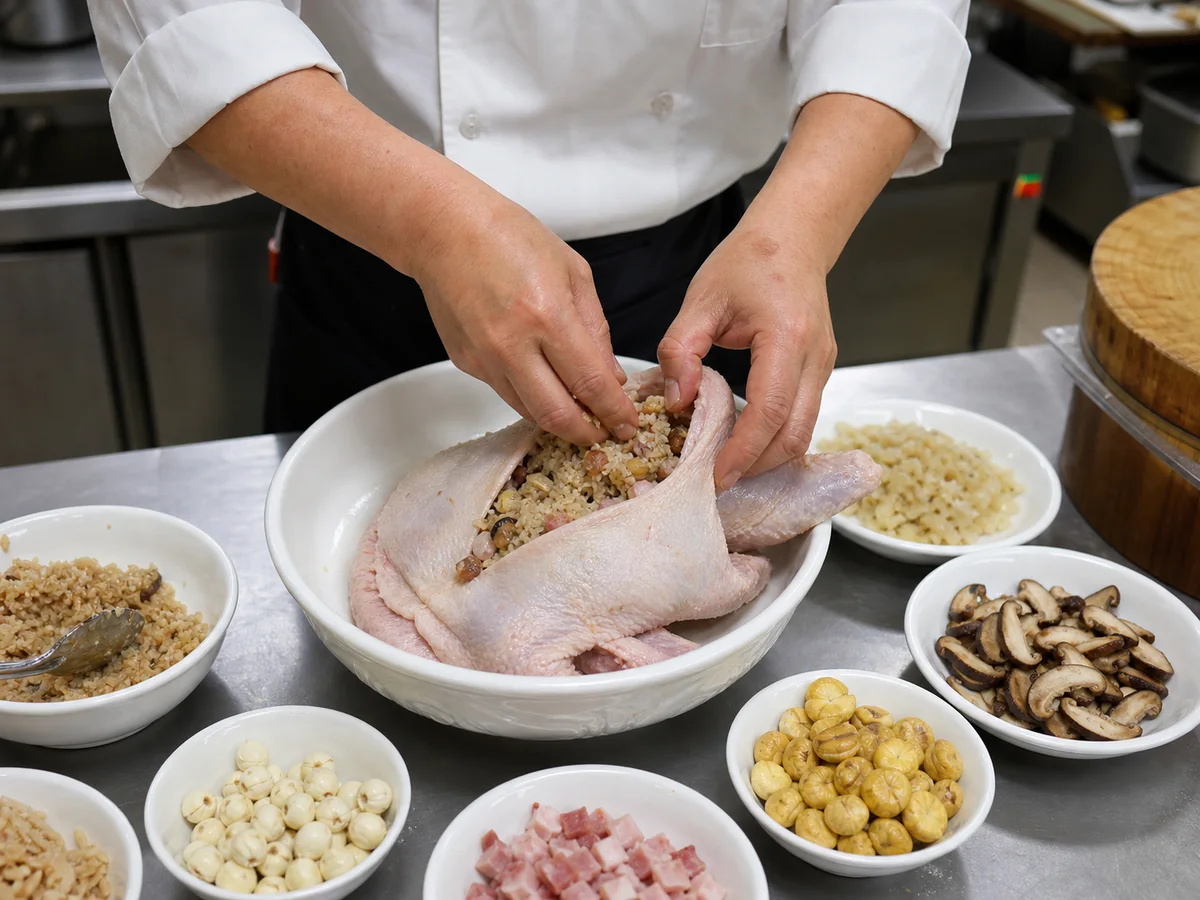 Chef filling a deboned duck with sticky rice and ingredients for eight treasure duck