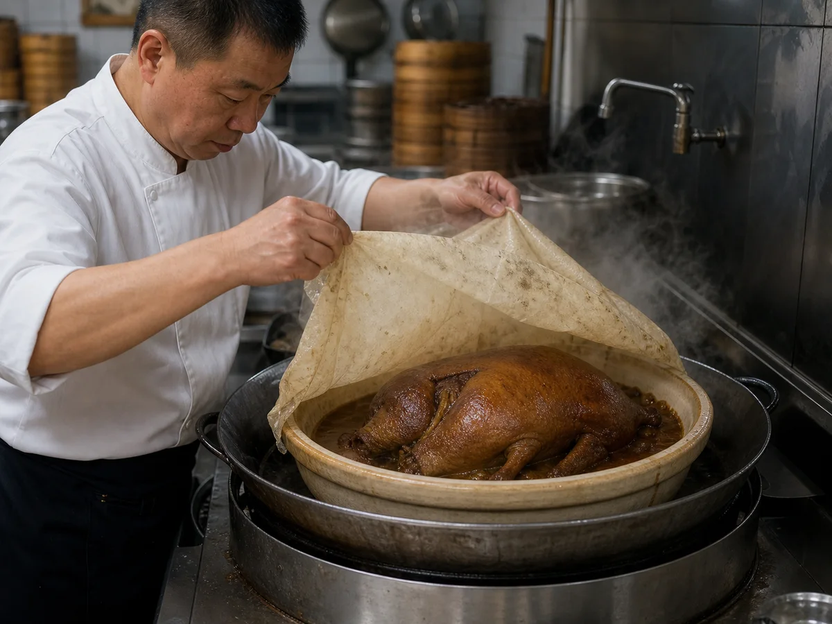 Shanghai restaurant chef lifting cooking paper from steaming eight treasure duck