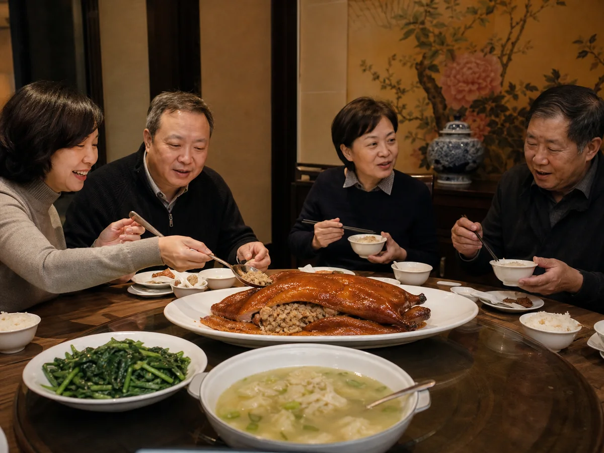 Family sharing Shanghai eight treasure duck with greens, soup, and rice at a restaurant
