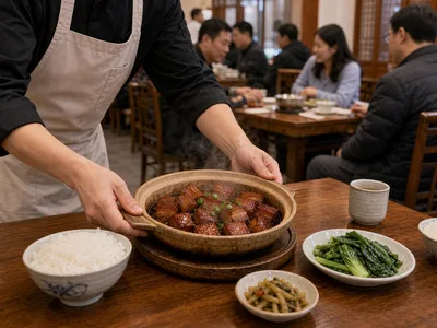 Shanghai Hong Shao Rou: Sauce Reduction, Pork Belly Layers, Rice, and Greens