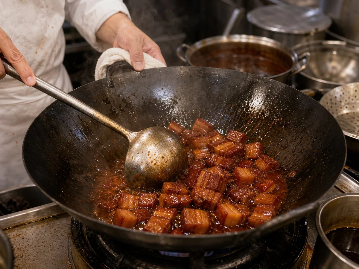 Cook reducing glossy hong shao rou sauce around pork belly cubes in a wok