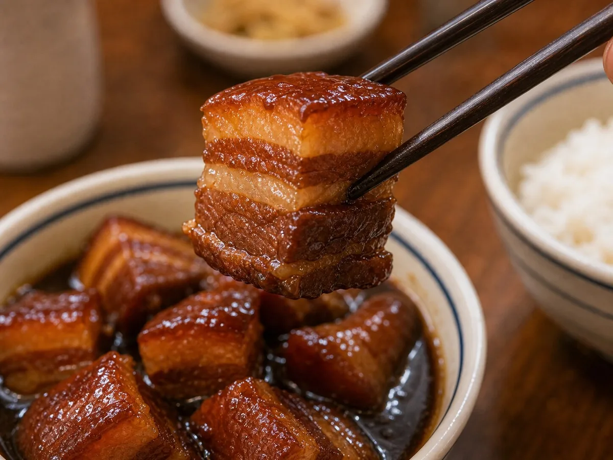 Shanghai hong shao rou pork belly cube lifted with chopsticks showing fat and lean layers
