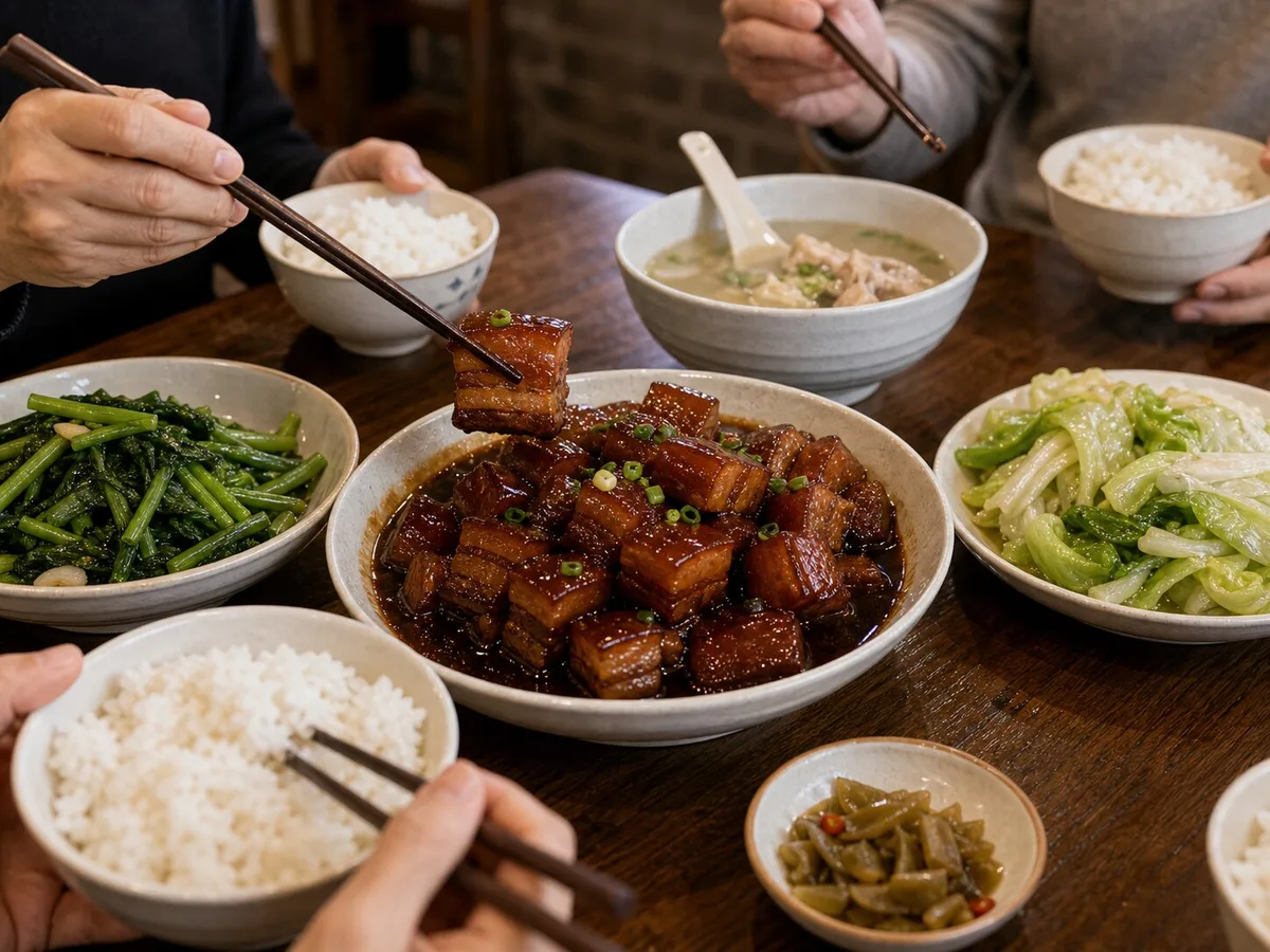 Shared Shanghai hong shao rou table with rice greens light soup and diners serving portions