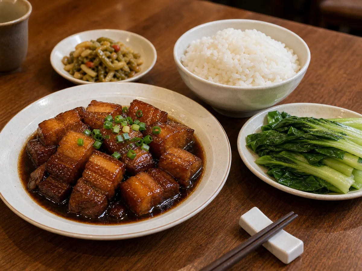 Shanghai hong shao rou served with white rice blanched greens and pickles