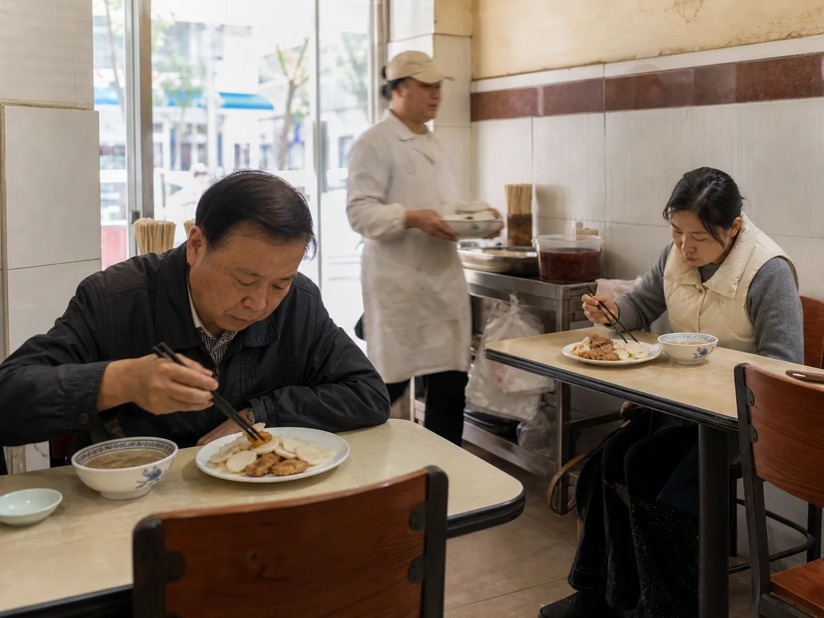 Diners eating Shanghai paigu niangao at separate tables in a neighborhood snack shop