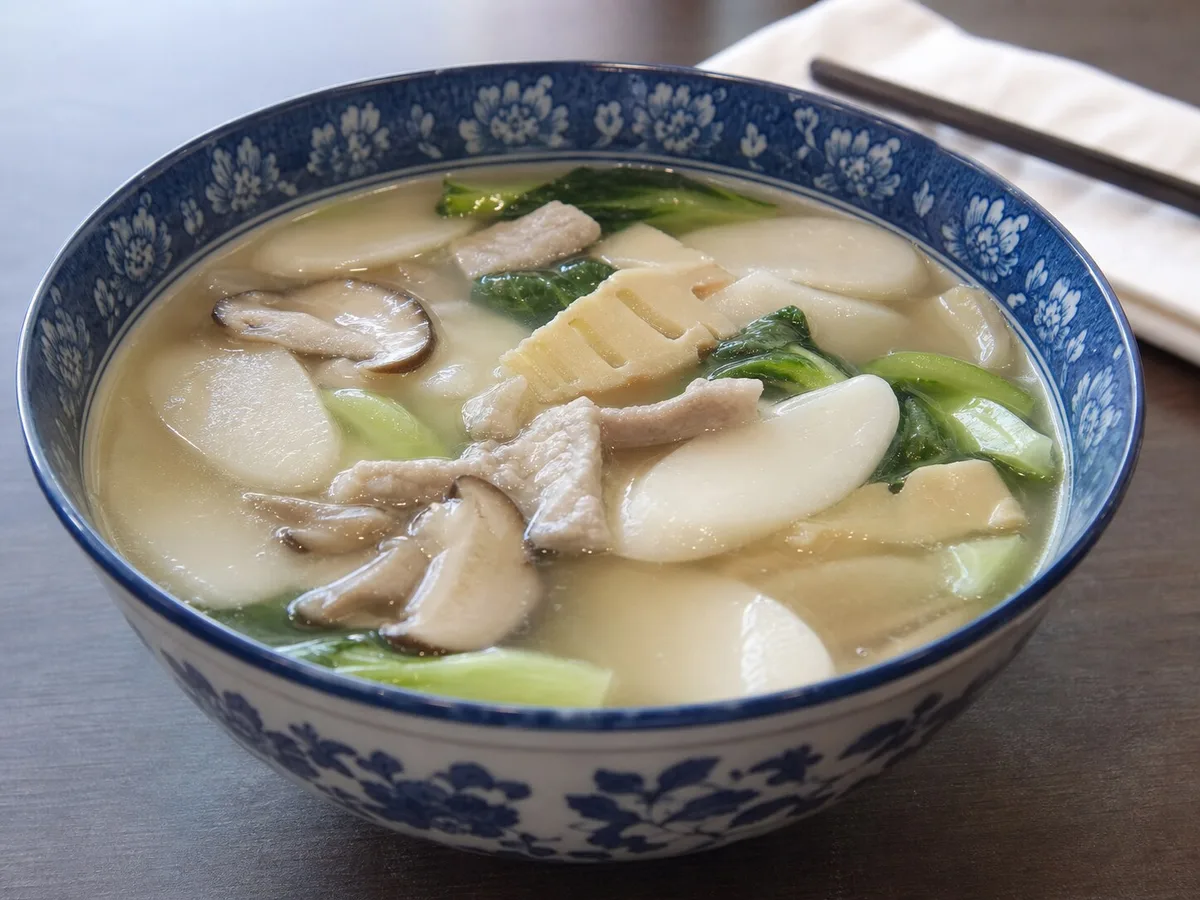 Shanghai rice cake soup with soft nian gao slices, greens, mushrooms, and light broth