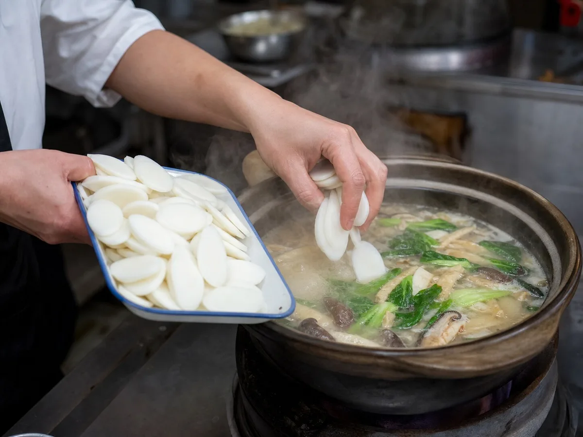 Cook adding oval rice cake slices to a simmering pot of Shanghai rice cake soup