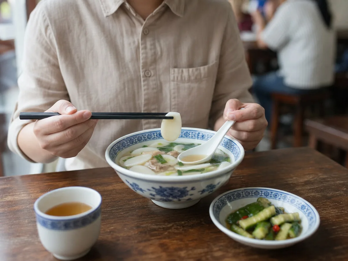 Diner eating Shanghai rice cake soup with chopsticks and a porcelain spoon at a local restaurant