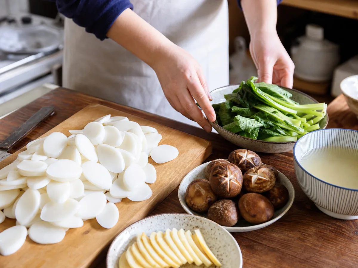 Fresh rice cake slices, greens, mushrooms, bamboo shoots, and stock prepared for Shanghai rice cake soup