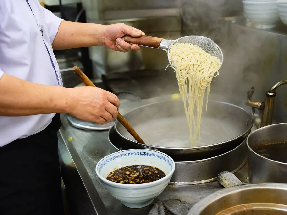Noodle shop cook lifting freshly blanched wheat noodles over a steaming pot beside scallion oil sauce