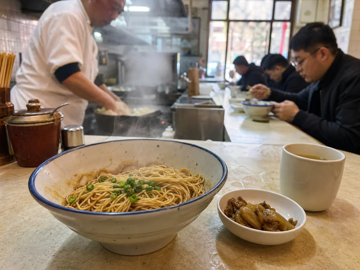 Fresh bowl of scallion oil noodles at a Shanghai noodle-shop counter with customers and cook in the background
