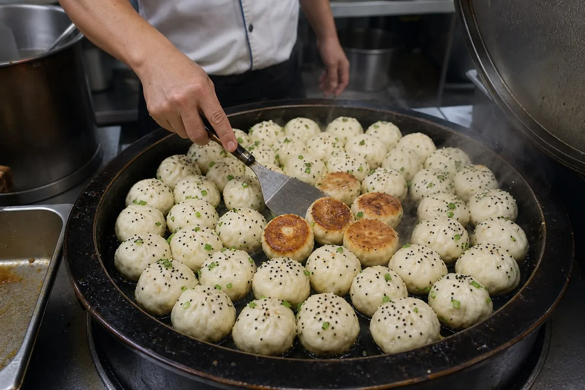 Large breakfast shop pan of Shanghai shengjianbao with steam sesame scallions and golden bottoms