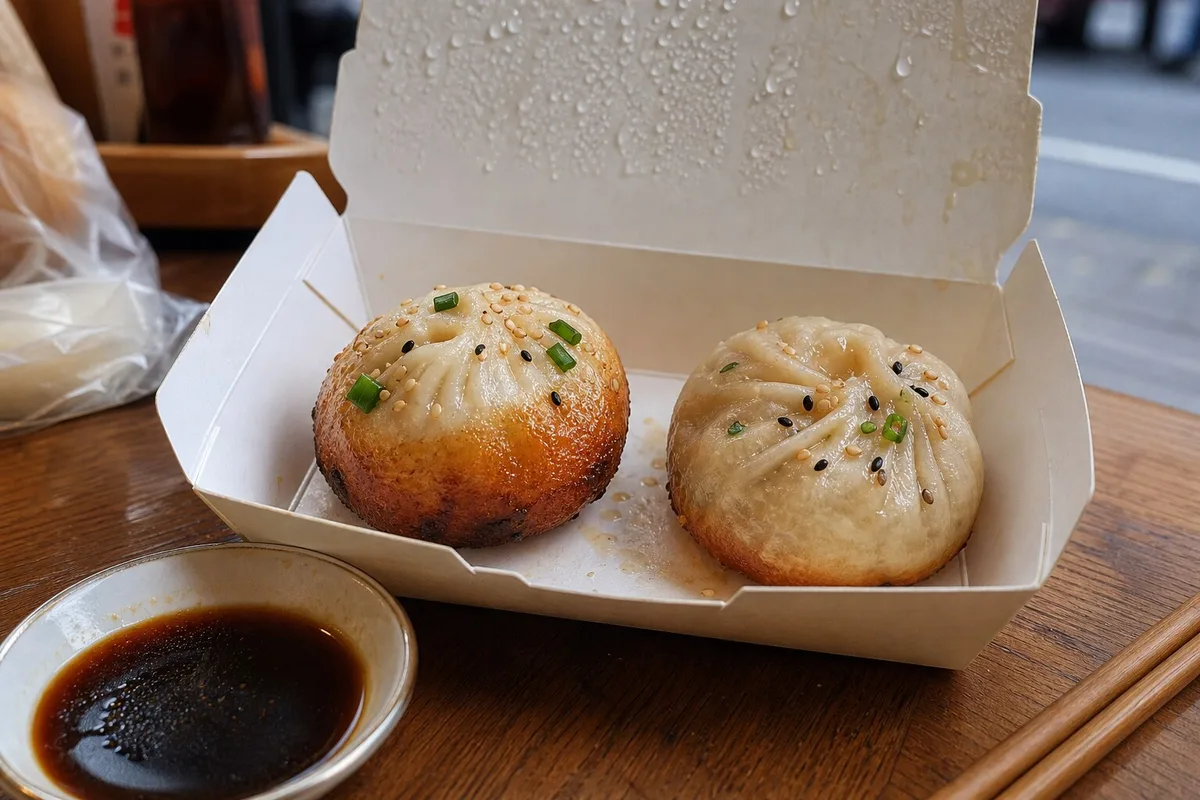 Shanghai shengjianbao takeaway box showing crisp bottom texture and steam condensation