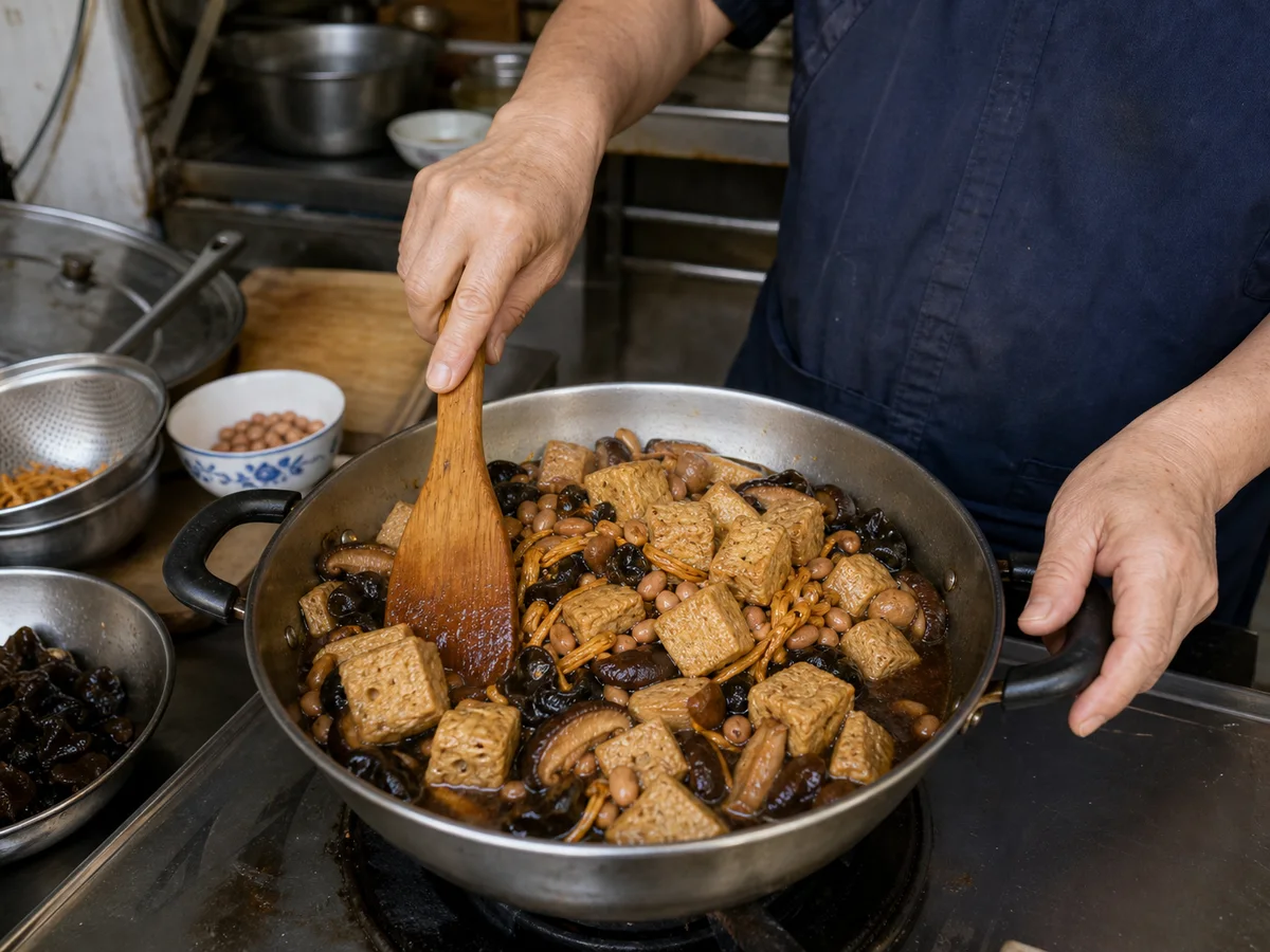 Cook braising Shanghai kaofu with shiitake mushrooms, wood ear, daylily buds, and peanuts