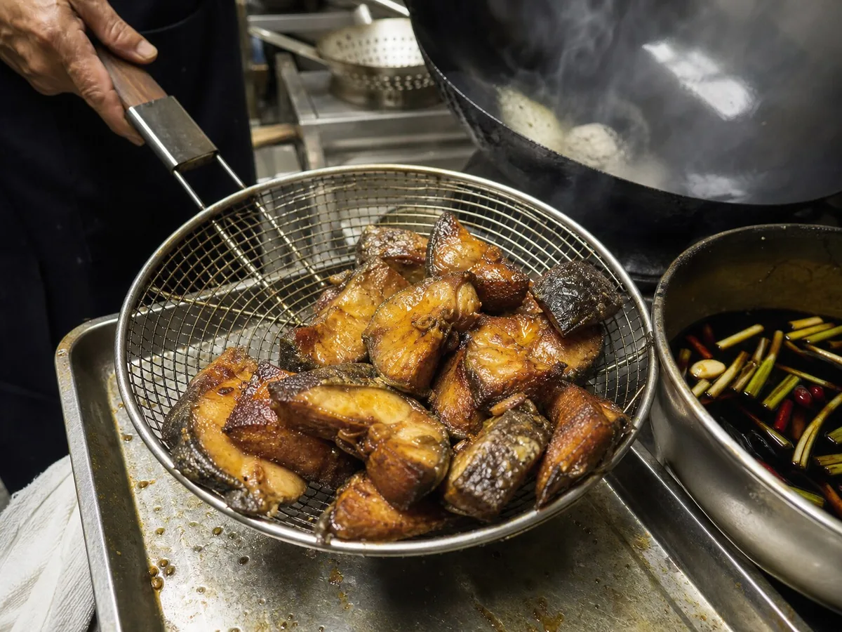 Freshly fried fish sections draining in a wire basket for Shanghai smoked fish preparation