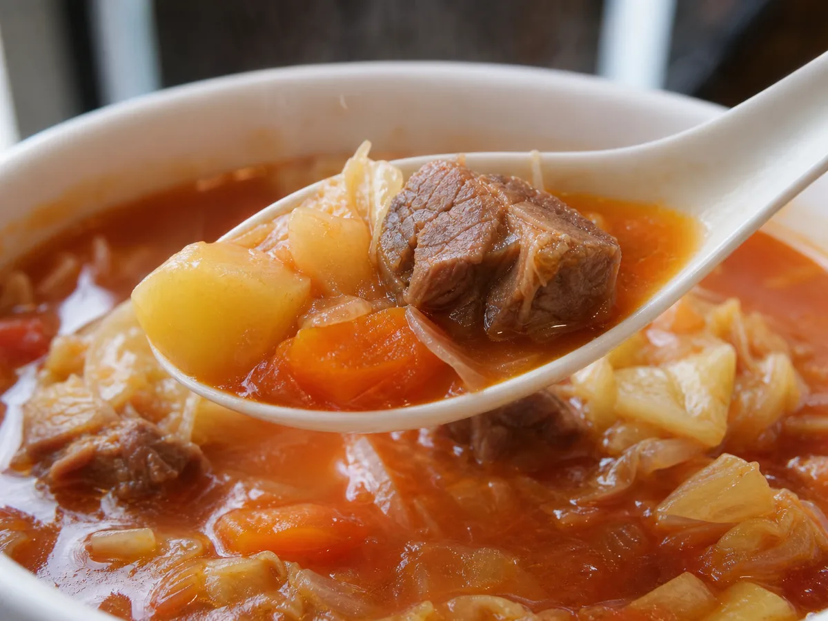 Beef, potato, carrot, cabbage, and tomato broth in a spoon of Shanghai borscht