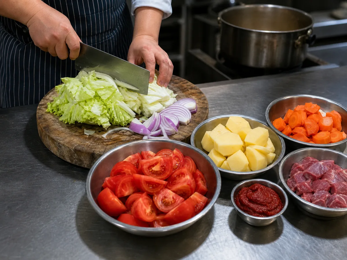 Cook preparing cabbage, tomatoes, potatoes, carrots, onions, and beef for luosong tang