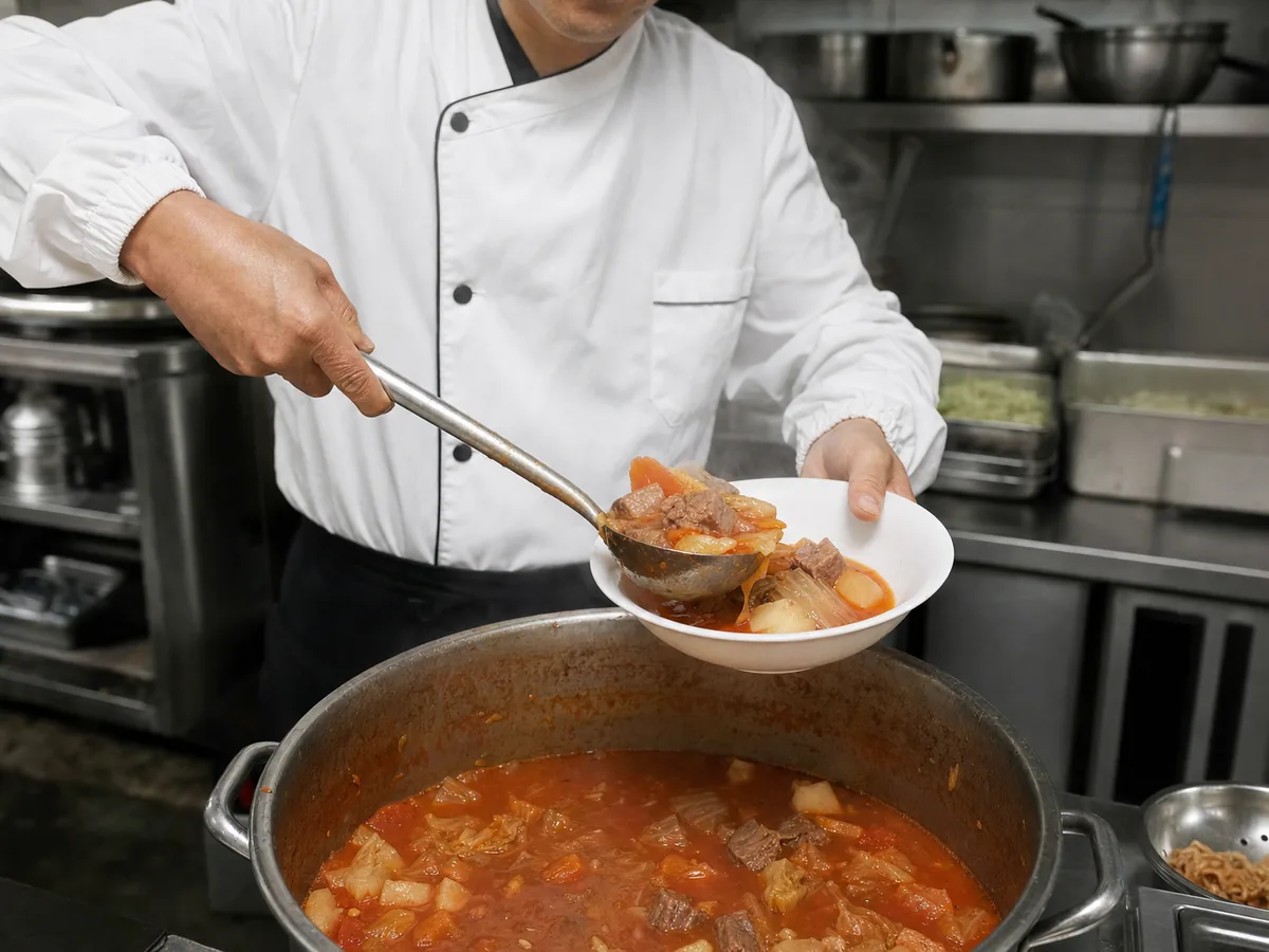 Shanghai restaurant cook ladling tomato-rich luosong tang from a stockpot