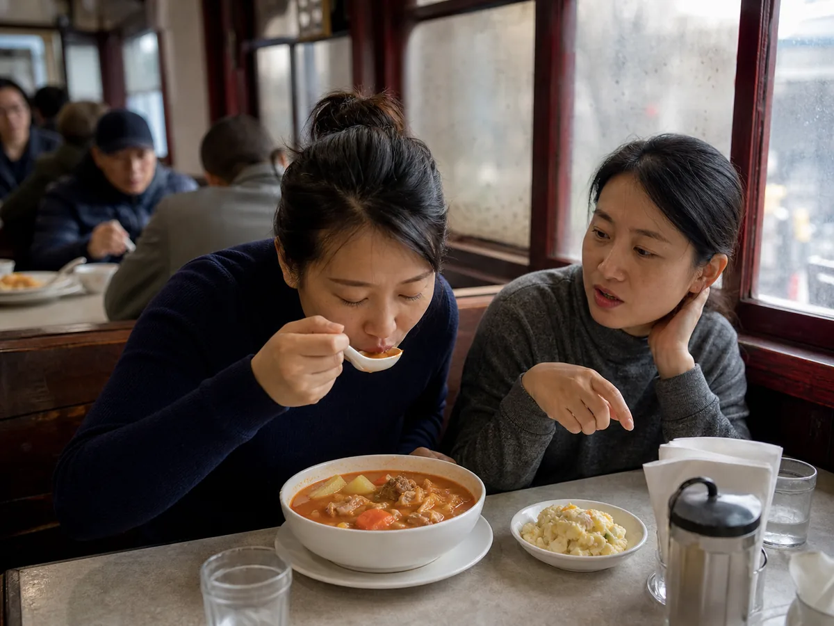 Friends eating Shanghai-style borscht in an old Haipai cafe on a rainy day