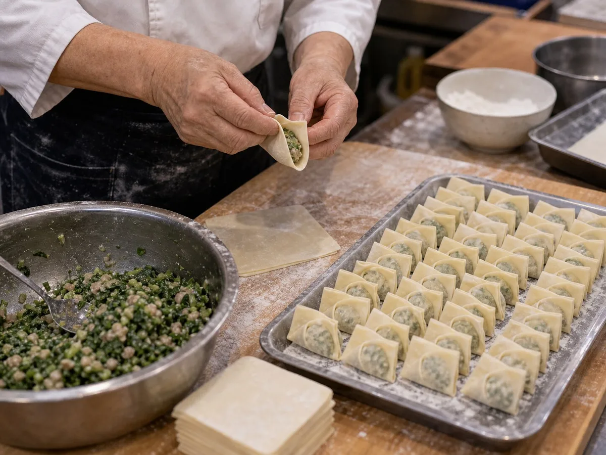 Cook folding Shanghai pork and vegetable wontons with thin square wrappers