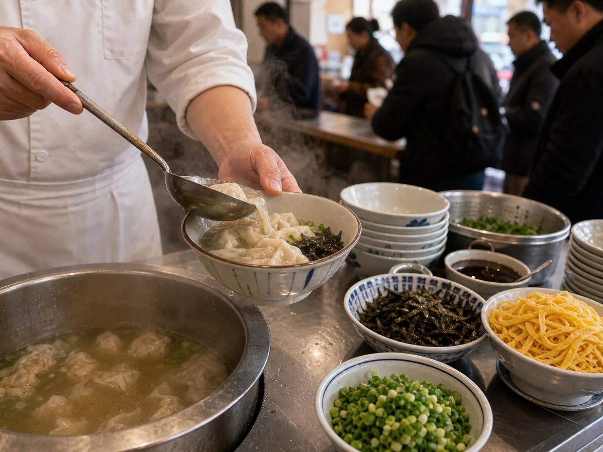 Shanghai wonton shop worker ladling clear broth and wontons into a bowl