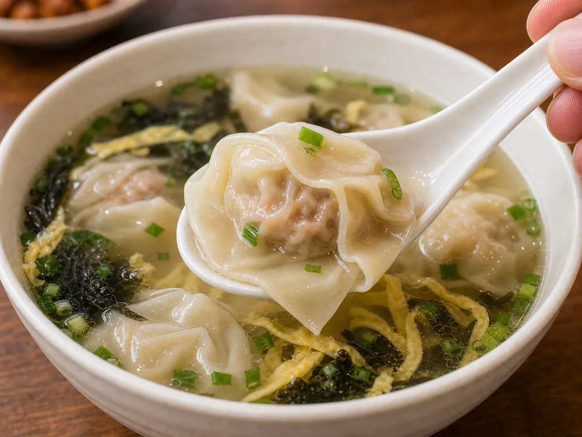 Shanghai wonton lifted in a soup spoon above clear broth with egg strips and seaweed
