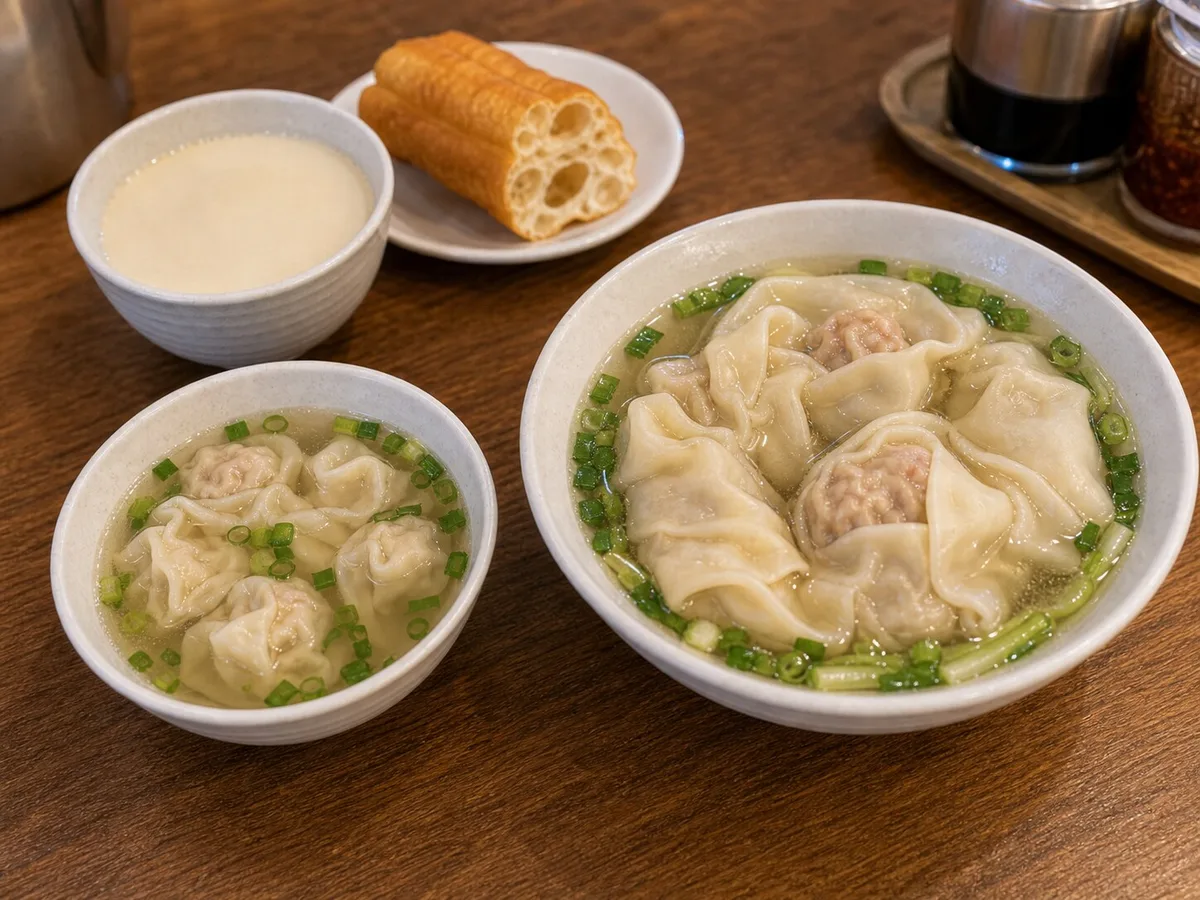 Small and large Shanghai wonton bowls with soy milk and youtiao on a breakfast table